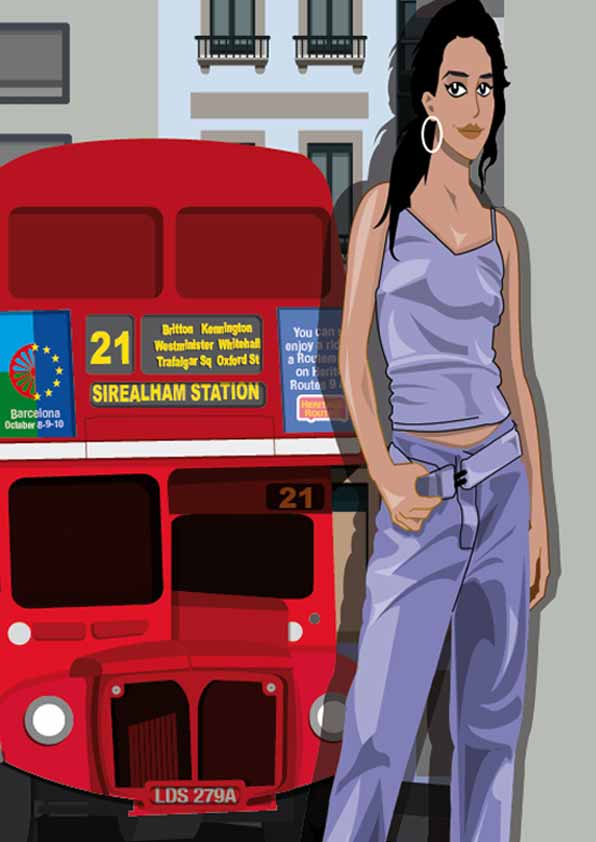 Dibujo de una chica joven
                                        gitana frente a un autobus
                                        londinense. En el frontal se ve
                                        la bandera gitana