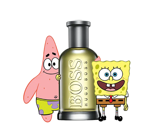 Bob Esponja y Patricio posando junto a una botella del perfume Bottle de Hugo Boss