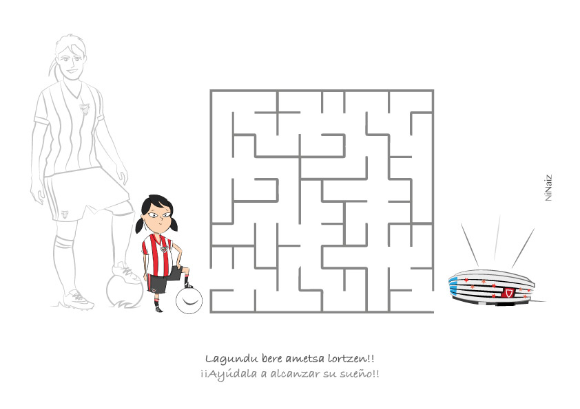 La ilustración representa una niña vestida con la equipación del Athletic que tiene que llegar hasta la Gabarra. El texto dice: Ayúdala a llegar.